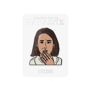 An enamel pin featuring an illustration of Mrs. Park from the movie Parasite, with a white background.